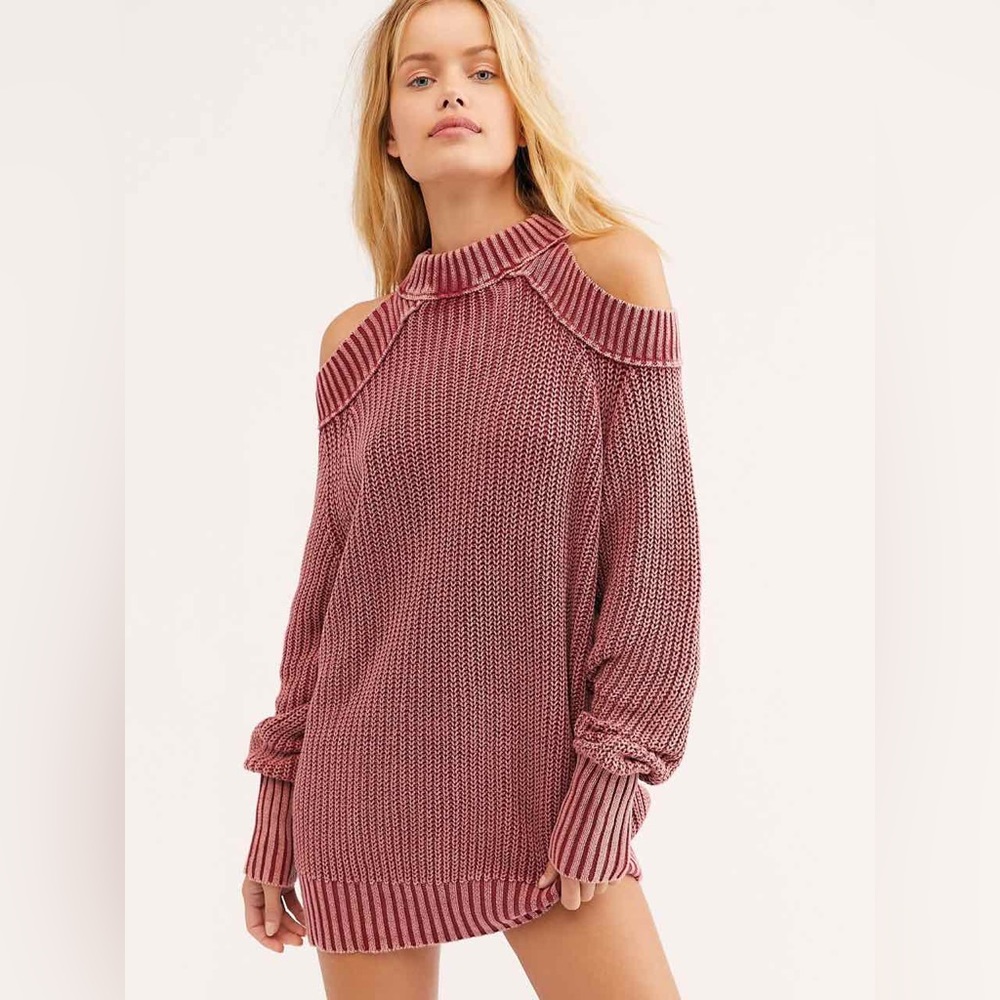NWT Free People Half Moon Bay Pullover Sweater Cold Shoulder Long Sleeve Red - Picture 1 of 7